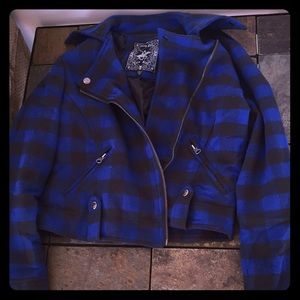 Blue and Gray plaid motorcycle Jacket